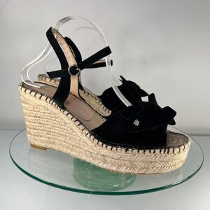 Kate Spade Fanni wedge espadrille Sandals Black Suede Jute bow